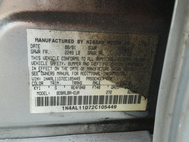 1N4AL11D72C105449 - 2002 NISSAN ALTIMA BAS GRAY photo 10