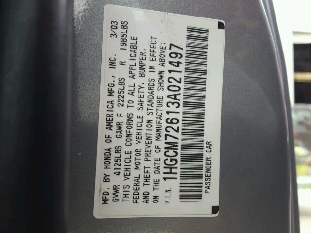 1HGCM72613A021497 - 2003 HONDA ACCORD EX SILVER photo 10