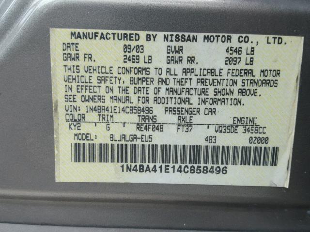 1N4BA41E14C858496 - 2004 NISSAN MAXIMA SE GOLD photo 10