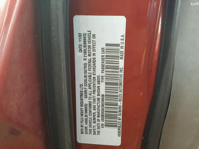 4S3BE635236208936 - 2003 SUBARU LEGACY L RED photo 10