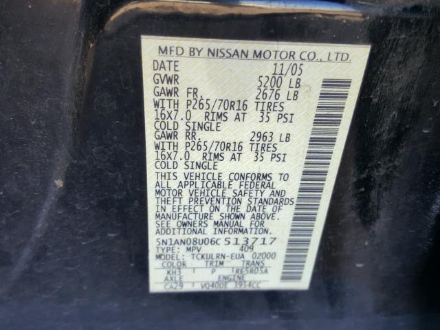 5N1AN08U06C513717 - 2006 NISSAN XTERRA OFF BLACK photo 10