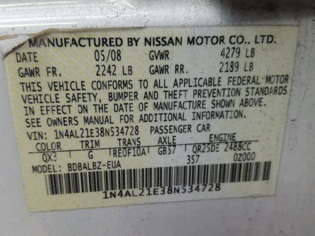 1N4AL21E38N534728 - 2008 NISSAN ALTIMA 2.5 WHITE photo 10