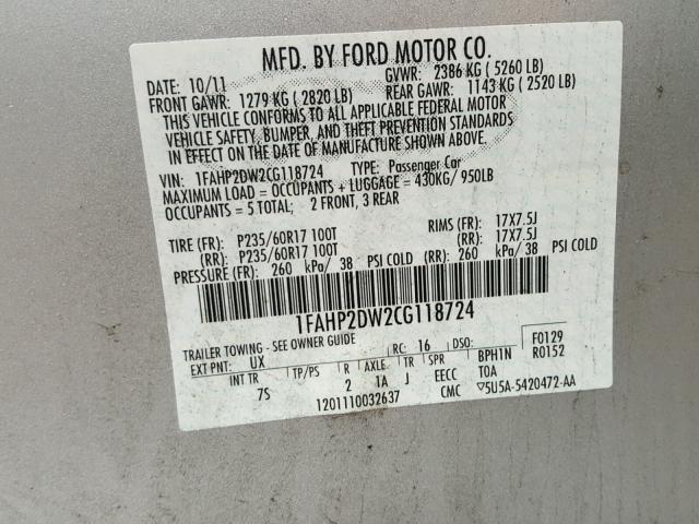 1FAHP2DW2CG118724 - 2012 FORD TAURUS SE GRAY photo 10