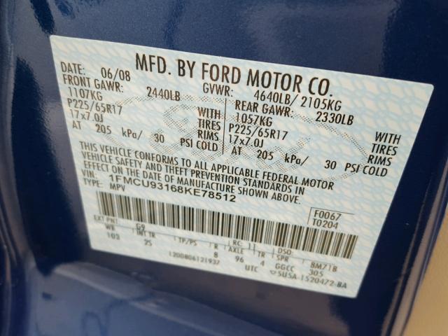 1FMCU93168KE78512 - 2008 FORD ESCAPE XLT BLUE photo 10