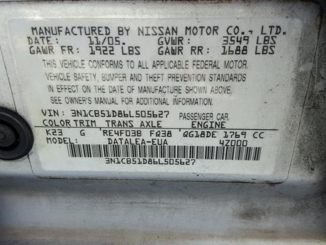 3N1CB51D86L505627 - 2006 NISSAN SENTRA 1.8 SILVER photo 10