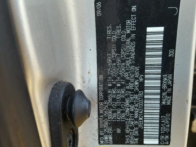 JTEEW21A370037783 - 2007 TOYOTA HIGHLANDER SILVER photo 10