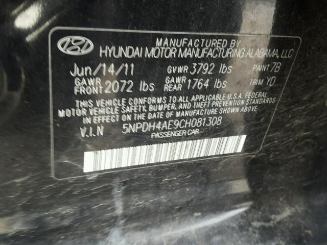 5NPDH4AE9CH081308 - 2012 HYUNDAI ELANTRA GL BLACK photo 10