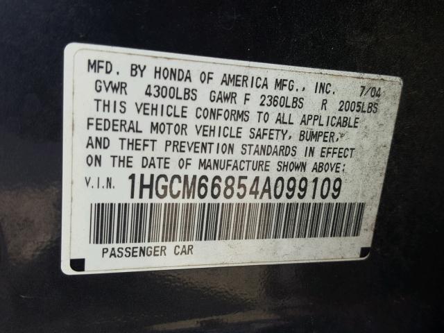 1HGCM66854A099109 - 2004 HONDA ACCORD EX GRAY photo 10