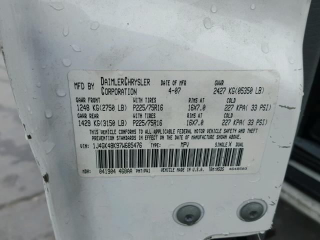 1J4GK48K97W685476 - 2007 JEEP LIBERTY SP WHITE photo 10