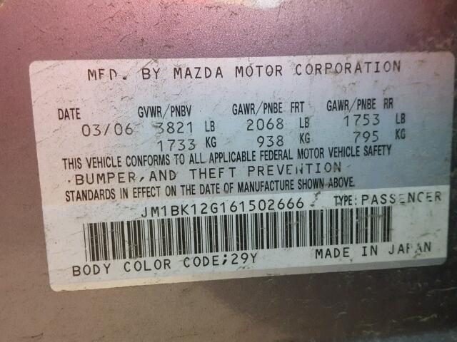 JM1BK12G161502666 - 2006 MAZDA 3 I GRAY photo 10