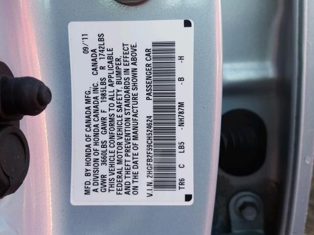 2HGFB2F59CH524624 - 2012 HONDA CIVIC LX SILVER photo 10