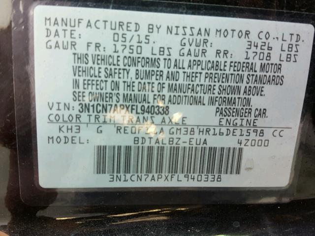 3N1CN7APXFL940338 - 2015 NISSAN VERSA S BLACK photo 10