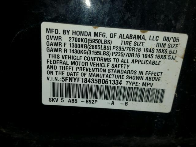 5FNYF18435B061334 - 2005 HONDA PILOT EX BLACK photo 10