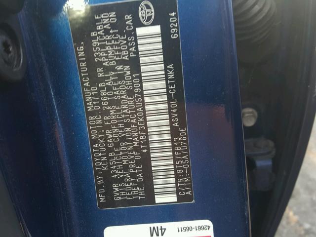 4T1BF3EK0AU579001 - 2010 TOYOTA CAMRY BASE BLUE photo 10