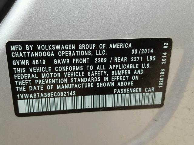 1VWAS7A36EC082142 - 2014 VOLKSWAGEN PASSAT S SILVER photo 10