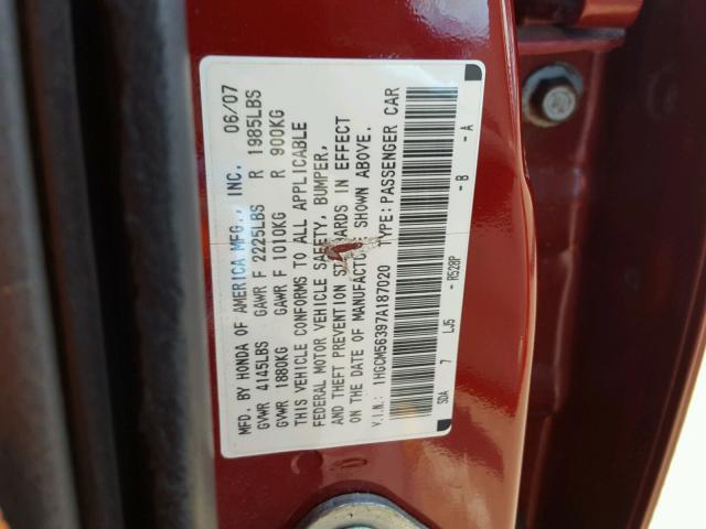 1HGCM56397A187020 - 2007 HONDA ACCORD SE MAROON photo 10