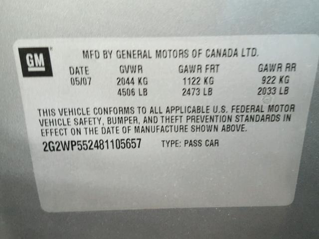 2G2WP552481105657 - 2008 PONTIAC GRAND PRIX GRAY photo 10