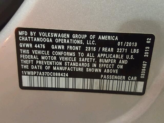 1VWBP7A37DC088424 - 2013 VOLKSWAGEN PASSAT SE SILVER photo 10