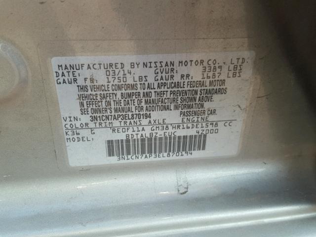 3N1CN7AP3EL870194 - 2014 NISSAN VERSA GRAY photo 10