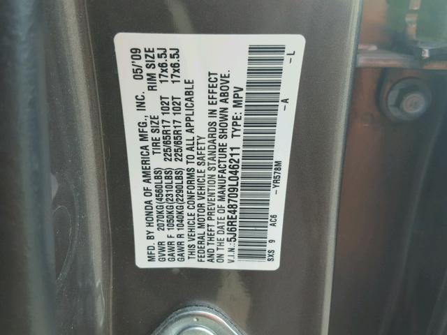 5J6RE48709L046211 - 2009 HONDA CR-V EXL GRAY photo 10