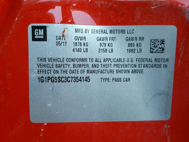 1G1PG5SC3C7354145 - 2012 CHEVROLET CRUZE LT RED photo 10