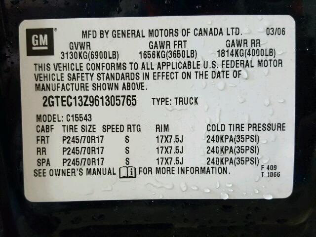 2GTEC13Z961305765 - 2006 GMC NEW SIERRA BLUE photo 10