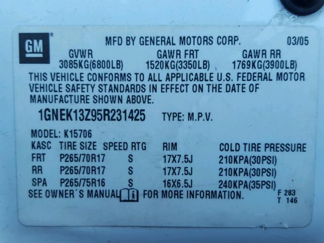 1GNEK13Z95R231425 - 2005 CHEVROLET TAHOE K150 WHITE photo 10