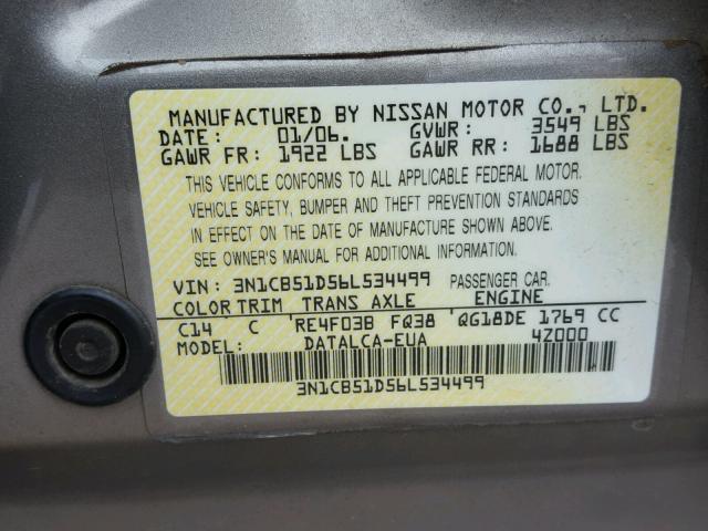 3N1CB51D56L534499 - 2006 NISSAN SENTRA 1.8 GRAY photo 10