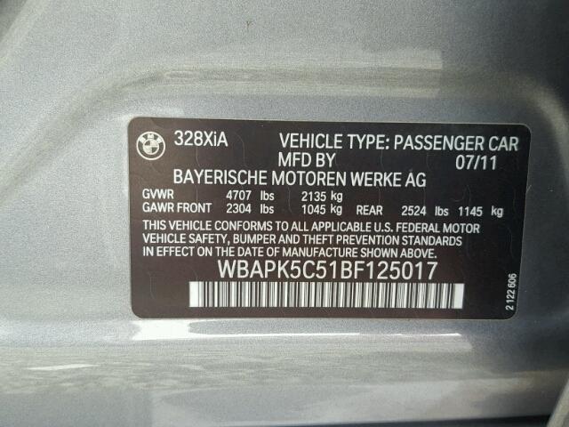 WBAPK5C51BF125017 - 2011 BMW 328 XI SUL GRAY photo 10