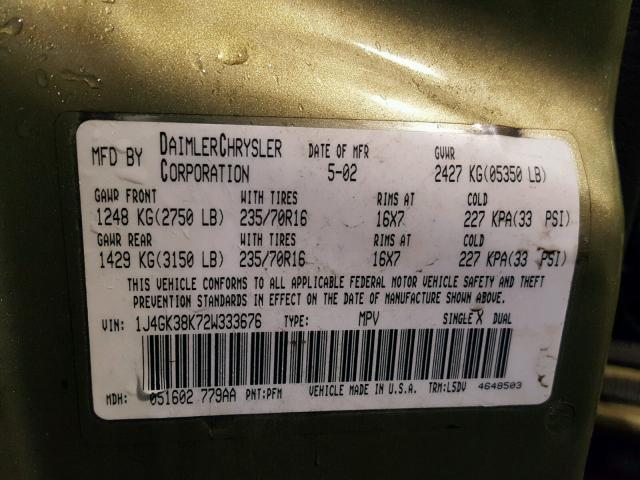 1J4GK38K72W333676 - 2002 JEEP LIBERTY RE GREEN photo 10