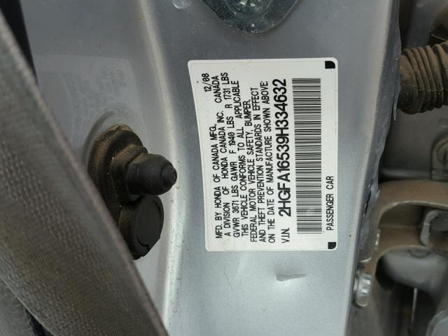 2HGFA16539H334632 - 2009 HONDA CIVIC LX SILVER photo 10