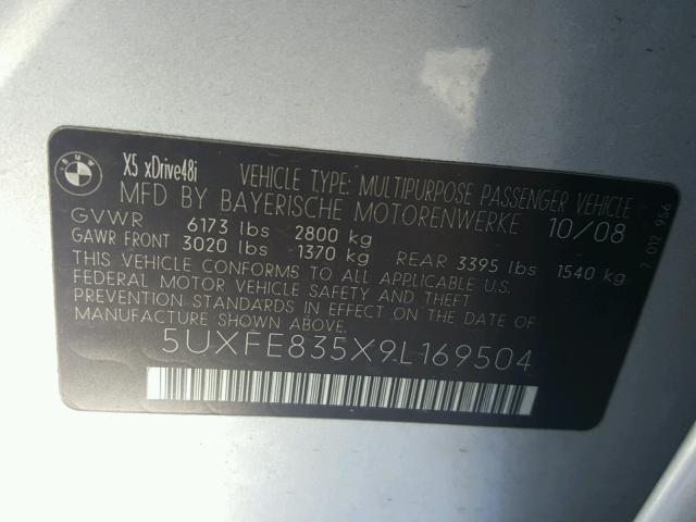 5UXFE835X9L169504 - 2009 BMW X5 XDRIVE4 银色 照片 10