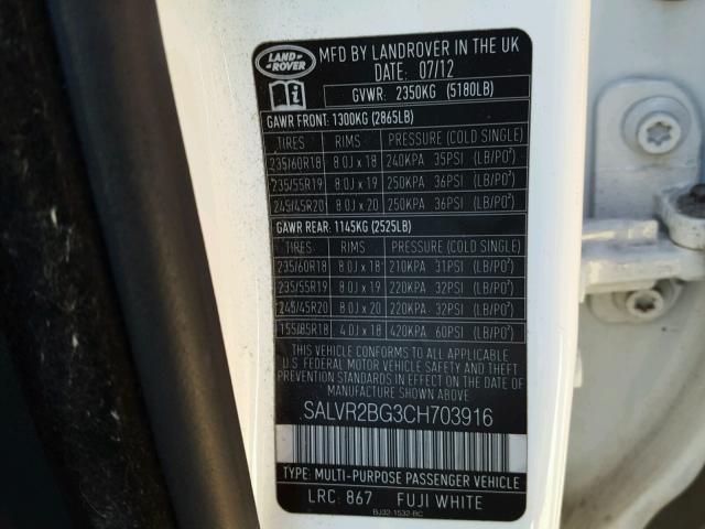 SALVR2BG3CH703916 - 2012 LAND ROVER RANGE ROVE WHITE photo 10