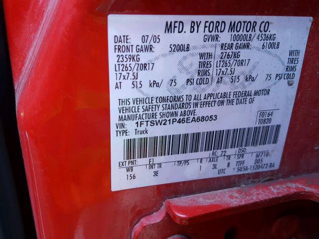 1FTSW21P46EA68053 - 2006 FORD F250 SUPER RED photo 10