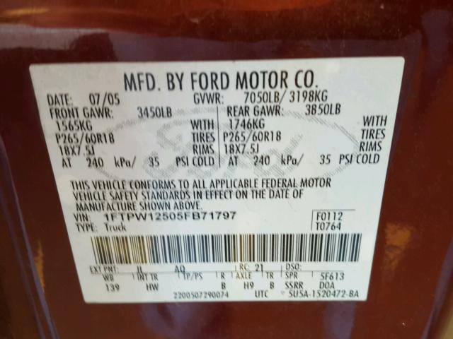 1FTPW12505FB71797 - 2005 FORD F150 SUPER BURGUNDY photo 10