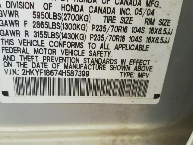 2HKYF18674H587399 - 2004 HONDA PILOT EXL SILVER photo 10