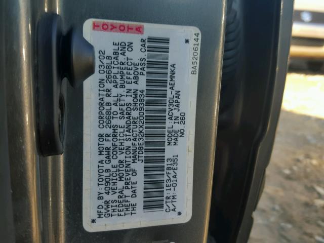JTDBE32KX20093834 - 2002 TOYOTA CAMRY LE GRAY photo 10