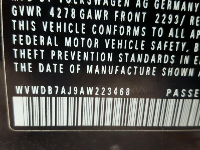 WVWDB7AJ9AW223468 - 2010 VOLKSWAGEN GOLF 黑色 照片 10