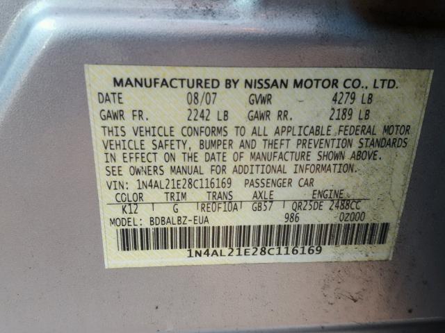 1N4AL21E28C116169 - 2008 NISSAN ALTIMA 2.5 SILVER photo 10