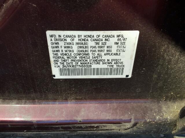 2HJYK16277H551328 - 2007 HONDA RIDGELINE BURGUNDY photo 10