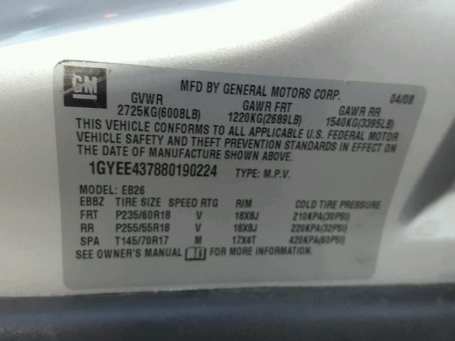 1GYEE437880190224 - 2008 CADILLAC SRX SILVER photo 10