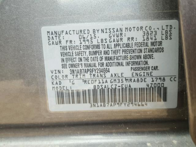 3N1AB7AP9FY294664 - 2015 NISSAN SENTRA S CHARCOAL photo 10