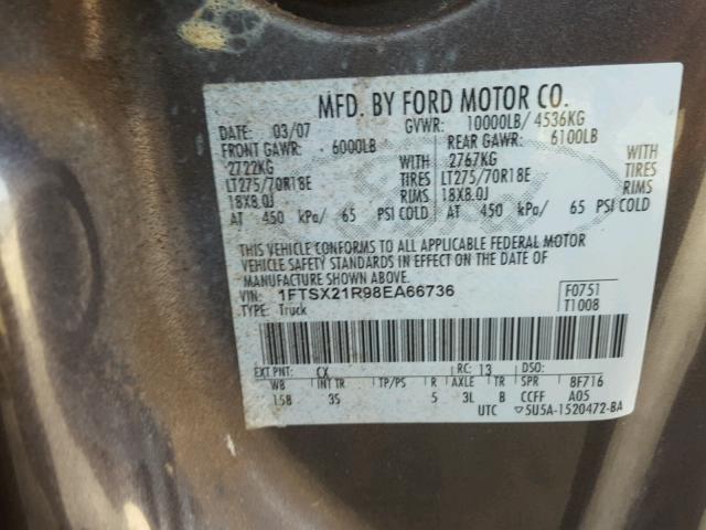 1FTSX21R98EA66736 - 2008 FORD F250 SUPER GRAY photo 10