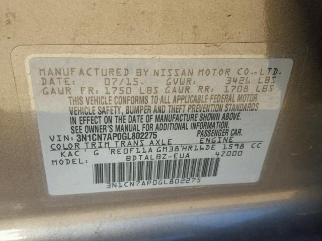 3N1CN7AP0GL802275 - 2016 NISSAN VERSA S GRAY photo 10