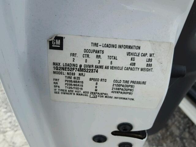 1G2NE52F74M522374 - 2004 PONTIAC GRAND AM S 白色 照片 10