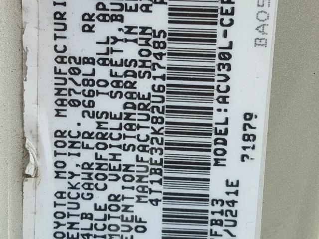 4T1BE32K82U617485 - 2002 TOYOTA CAMRY LE ვერცხლისფერი ფოტო 10