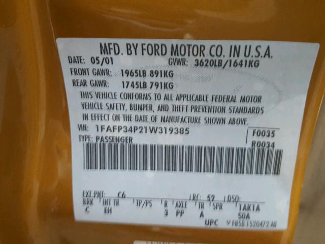 1FAFP34P21W319385 - 2001 FORD FOCUS SE GOLD photo 10