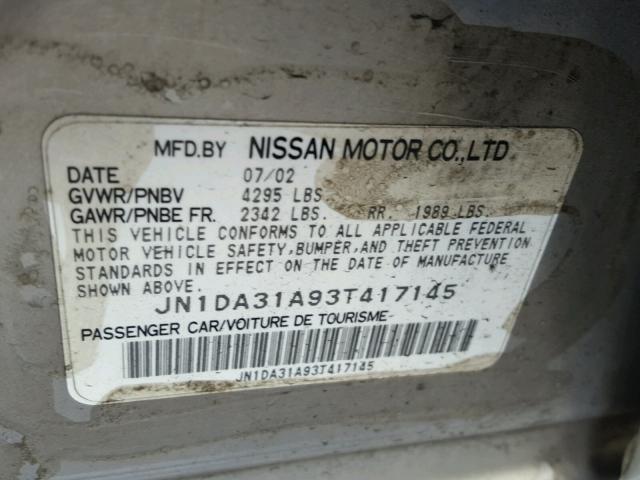 JN1DA31A93T417145 - 2003 NISSAN MAXIMA GLE SILVER photo 10