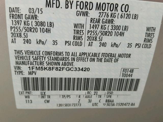 1FM5K8F82FGC33420 - 2015 FORD EXPLORER L SILVER photo 10