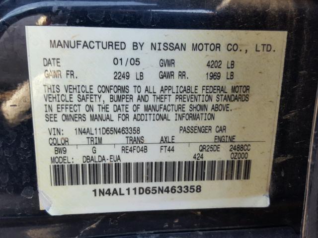 1N4AL11D65N463358 - 2005 NISSAN ALTIMA S BLUE photo 10